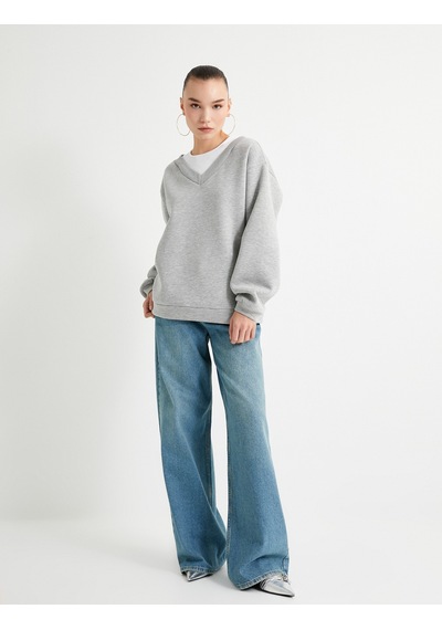 Koton Rahat Kalıp Atlet Detaylı Uzun Kollu Bisiklet Yaka Şardonlu Sweatshirt Gri Melanj 7wal10050ık
