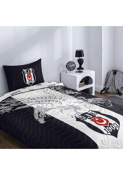 Taç Lisanslı Pamuklu Tek Kişilik Yatak Örtüsü Seti-beşiktaşkartal Siyah - Beyaz