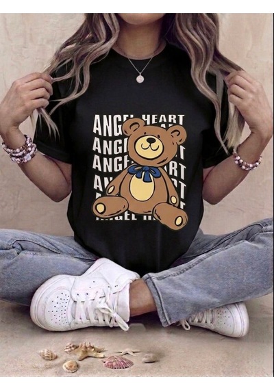 Unisex Ayıcık Baskılı Kompakt T-shirt Siyah