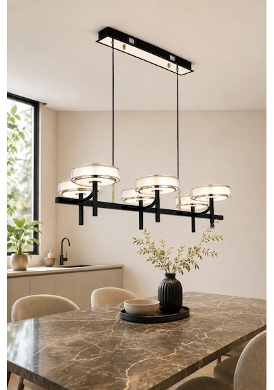 6'lı Modern Premium 3 Renkli Ledli Sarkıt Avizesi Uzun Salon Mutfak Yemek Masası Üstü Modelleri 120w Siyah