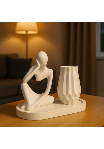 Modern Heykel Ve Vazo Seti 3 Parça Minimalist Dekor Oturan Insan Figürü & Geometrik Vaz Standart