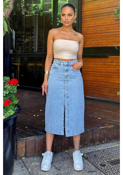 Açık Mavi Cepli Yırtmaçlı Uzun Denim Etek
