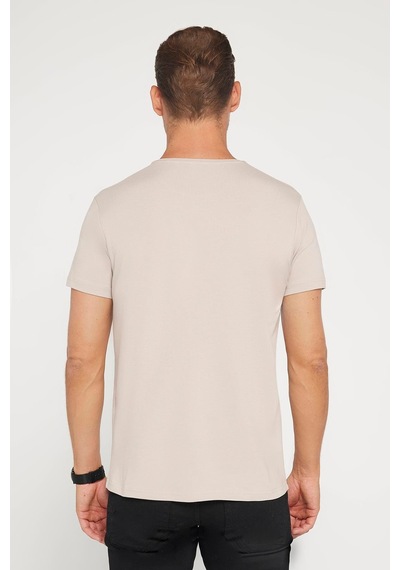 Tudors Erkek Slim Fit Dar Kesim Pamuklu Likralı Esnek Kumaş Basic Taş Renk Bisiklet Yaka Tişört-27719 Taş