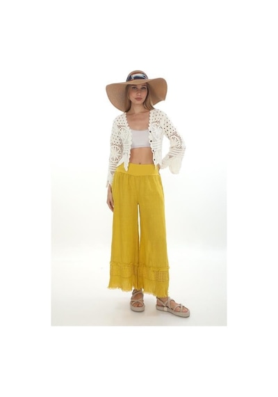 Eren Style İtalyan Fisto Detaylı Keten Pantolon-9186 Sarı