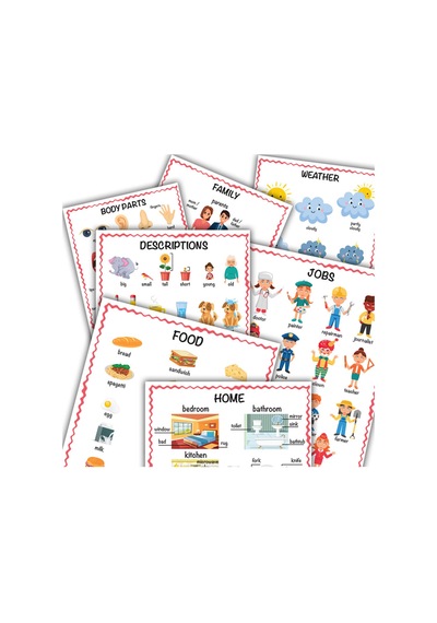 İlk Kelimelerim İngilizce Türkçe 350+ Kelimelik 20 Konu Eğitici Poster Seti 33x24cm - 906540460