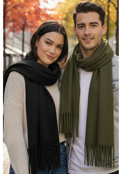 Tezzgelsin Unisex Yumuşak Dokulu Püsküllü Kışlık Buklet Atkı Şal 2'li Set Siyah - Yeşil