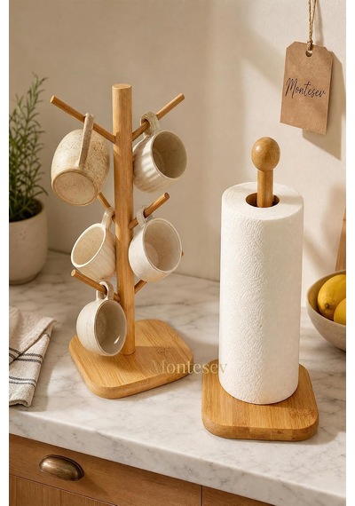 Montesev Ahşap Bambu Bardak Kupa Fincan Askılığı Askısı Kağıt Havluluk Organizer 2 Li Set Mnt-123 Diğer