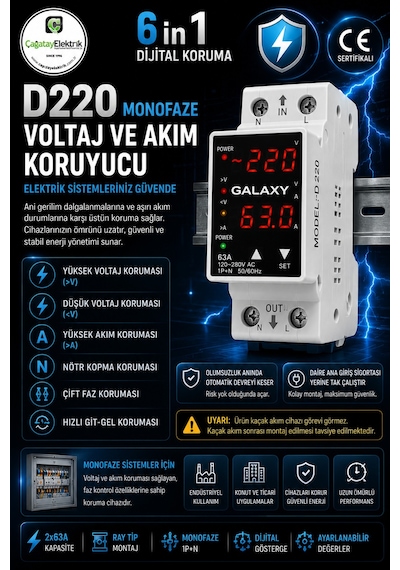 Monofaze Voltaj Akım Faz Nötr Yüksek - Alçak Voltaj Akım Koruma Rölesi Dijital Koruma Rölesi 2x63 A