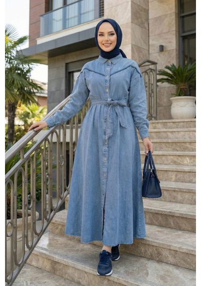 Hb Harma Time Butik Kadın Düğmeli Kuşaklı Kot Mavi Tesettür Elbise Kot Mavi Kot Mavi