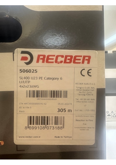Reçber Cat 6 Sl 400 U23 Pe 4 2 2 23 Awg 305 M. Siyah Dış Ortam