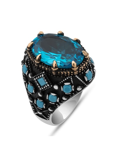Oval Aqua Mavi Taşlı 925 Gümüş Erkek Yüzük Beyaz
