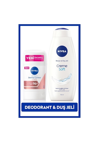 NIVEA Creme Soft Duş Jeli 750 ML + Stick Deodorant Derma Control Clinical 50 ML 96 Saat perspirant