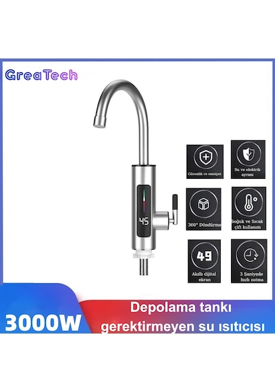 Elektrikli Anında Su Isıtıcı Musluk 3000 W Led Dijital Göstergeli Paslanmaz Çelik Musluk Gri