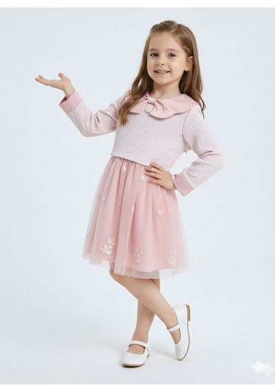 Xo Kids Bebe Yakalı Çiçek İşlemeli Tüllü Fiyonklu Kız Çocuk Elbise 3-8 Yaş 4423 Pembe