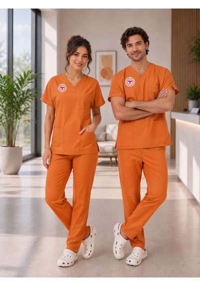 Klinik Destek Forması Scrubs Likralı Takım Sağlık Bakanlığı Uyumlu-orange Ochre