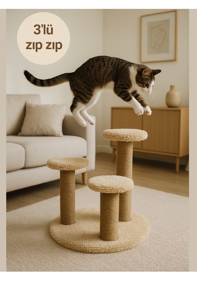 Komano Pontika Peluş Dokulu 3'lü Zıp Kedi Tırmalama Tahtası Soft 44 CM
