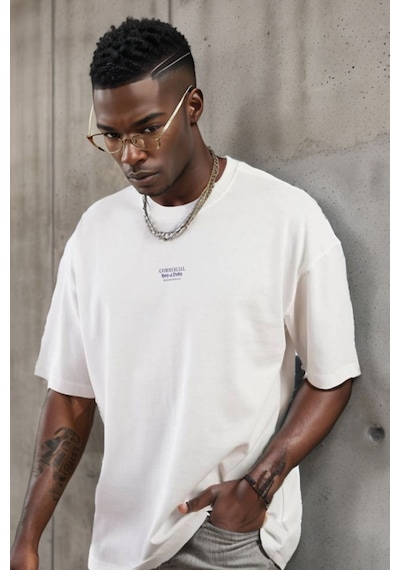 Balenbi Unisex Bisiklet Yaka Oversize Kalıp Penye Tişört 1004 Beyaz