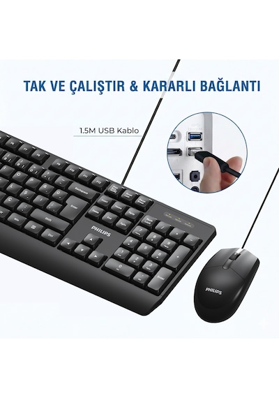 Philips SPT6237 Kablolu Türkçe Q Klavye ve Mouse Seti Siyah