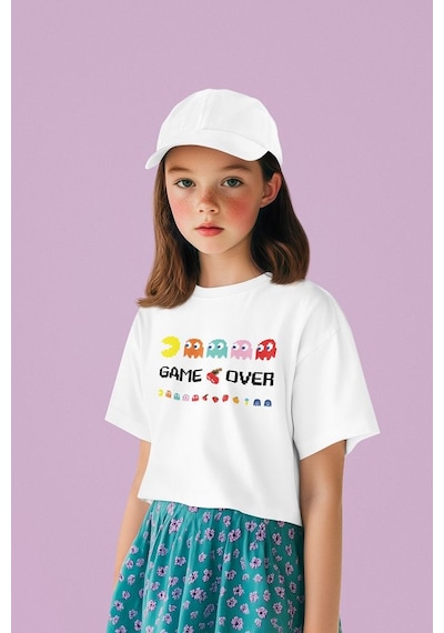 Sevbano Pacman Game Over Yazılı Unisex Oyun Çocuk Tişört 1-12 Yaş Beyaz