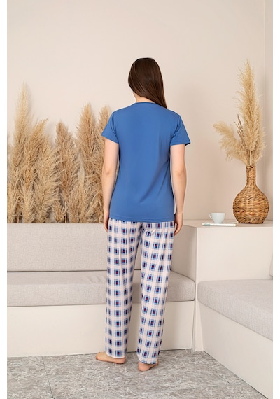 Nisanca Slim Fit Desenli Kısa Kol Mevsimlik Kadın Pijama Takımı mavi
