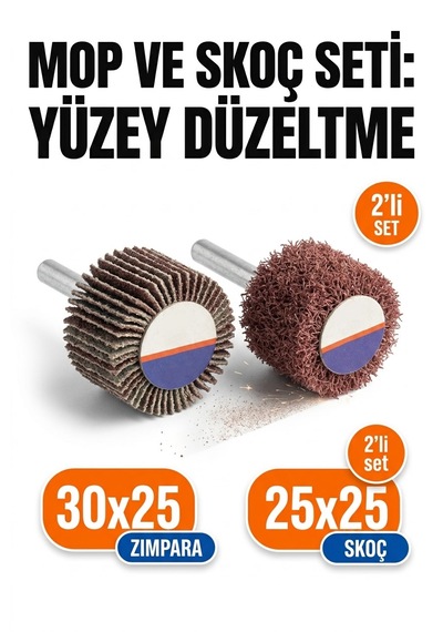 30x25 Zımpara + 25x25 Mm Skoç Seti 2 Adet Matkap Ucu Yüzey Düzeltme Mopu