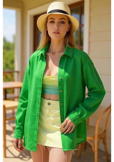 Defymoda Kadın Uzun Kollu Oversize Gömlek Yeşil