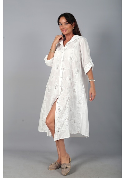 By Saygı Kadın İtalyan Cotton Cepli Kabartma Nakışlı Pullu Oversize Uzun Elbise Beyaz