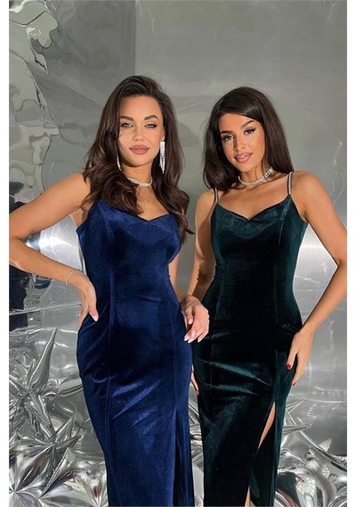 Dip Moda Kadın Kadife Taş İşlemeli Abiye Elbise Dpnbemp2554 Yeşil