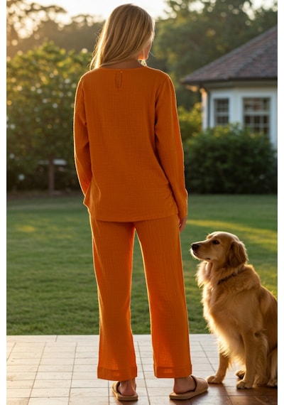 Combattente Exclusive Products Organik Müslin 2'li Takım - Kadın Pijama - Gömlek Takım- Naturel Doğal-oeko Tex Sertifikalı Kumaş turuncu