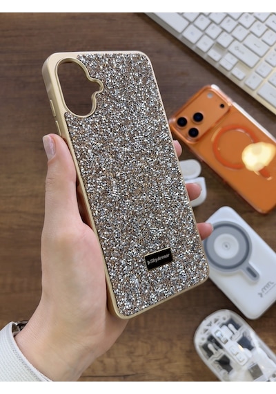 Samsung A07 Uyumlu Kadife İç Yüzey Tasarımlı Taşlı Işıltılı Parlak Pırlanta Kılıf Dia Plus Gold