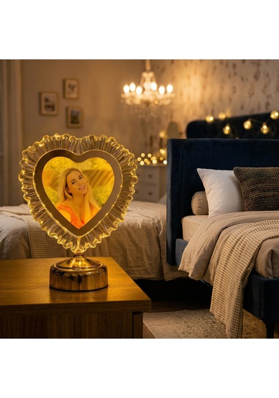 Yatak Odası İçin Abajur Led Işıklı Fotoğraflı Çerçeve Kristal Kalpli Kişiye Özel Resimli Abajür Gold