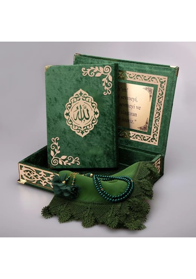 Şal + Tesbih + Kuran Hediye Seti Orta Boy, Şemslafzatullah, Gold Pleksi, Raşel Kutu, Yeşil