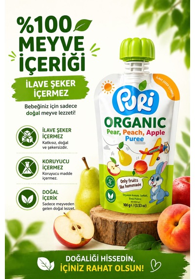 Organic %100 Organik Meyve Püresi Armut - Şeftali Elma 100 G İlave Şekersiz