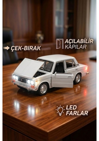 Lada Vaz 2107 Metal Diecast Model Araba 1:24 Ölçek 18cm Sesli Işıklı Çek Bırak Beyaz Çok Renkli