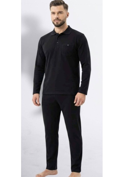 Erse %100 Pamuk Selanik Örme Uzun Kol Erkek Pijama Takımı Kışlık - 9019399256128 Siyah
