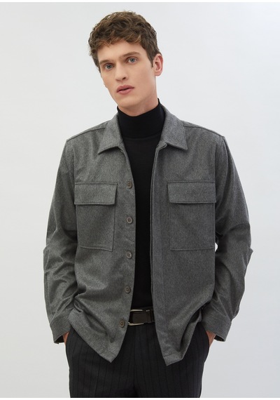 Ramsey Gri Düz Regular Fit Uzun Dokuma %100 Kaşmir Overshirt gri grey
