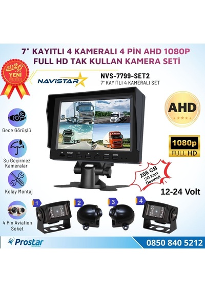 7 İnç Kayıtlı Ahd 1080p 4 Kameralı Full Hd Araç Kamera Sistemi 256gb Sd Kart Destekli Gece Görüşlü Tak Kullan Set