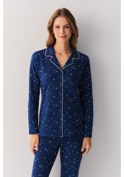 Suwen Dreaming Stars Gömlek Yaka Pamuklu Pijama Takımı Sh27401660b853 Yıldız Baskılı
