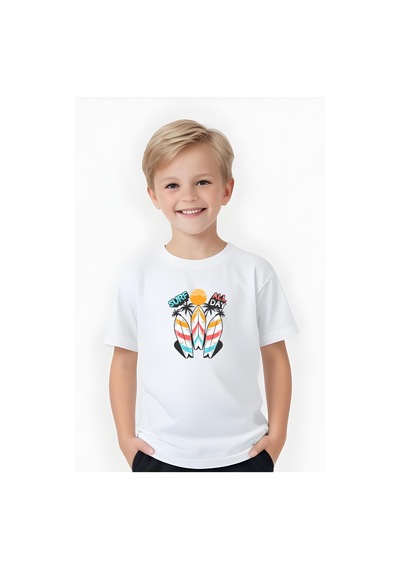 Fyk Kids Erkek Çocuk Yuvarlak Yaka Surf All Day Baskılı T-shirt Beyaz