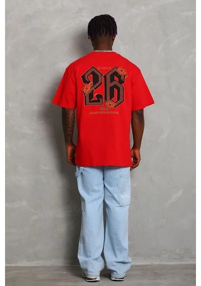 Erkek Baskılı Tişört Kısa Kol Bisiklet Yaka Oversize T-shirt - Kırmızı Kırmızı