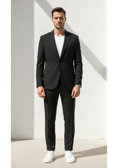 Erkek Gofre Desenli Takım Elbise Bağcıklı Pantolon Duble Paça Tek Düğme Modern Slim Fit Siyah