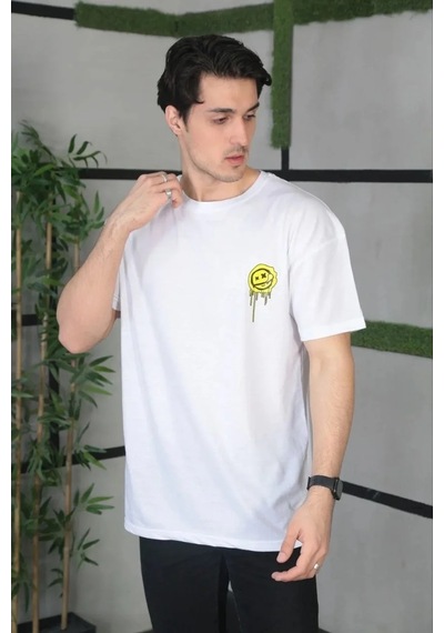 Assema Erkek Bisiklet Yaka Baskılı Oversize Kısa Kol T-shirt - Beyaz Çok Renkli