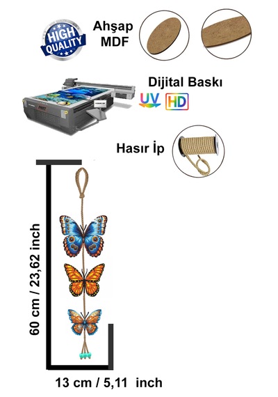 Duvar Süsü Ahşap Dekoratif İpli Sarkıt - Kelebek Motif Mavi
