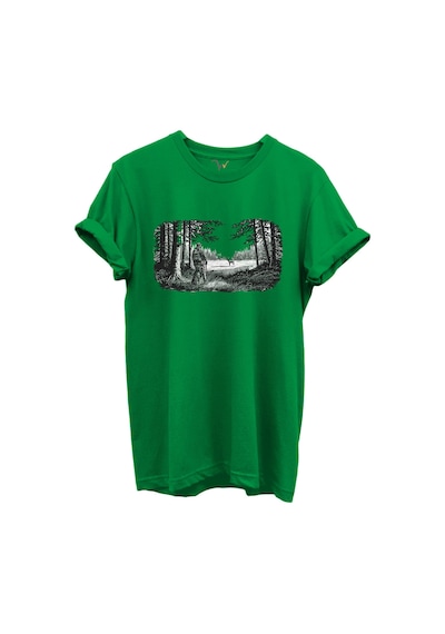 Avcı Ve Geyik Orman Manzarası Çizim Baskılıı %100 Pamuk Regular Fit Bisiklet Yaka Unisex T-shirt Yeşil