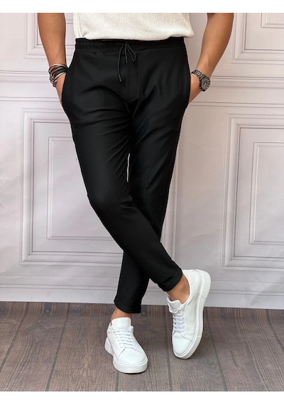 Modefendi Skinny Kalıp Pamuk Likra Double Paça Jogger Pantolon Siyah