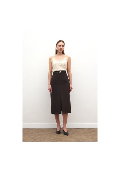 Sateen Anna Yırtmaçlı Etek - Kahve-137171 Kahve