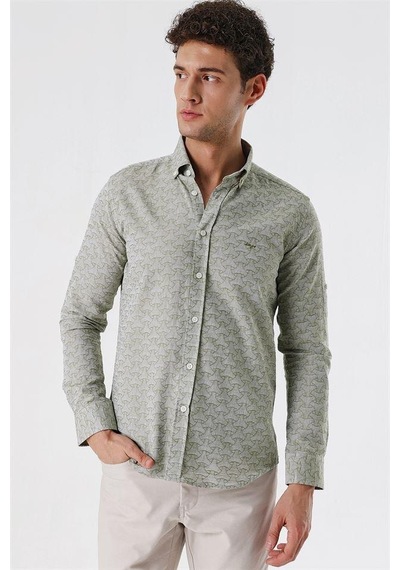 İmza Koyu Haki Kısalabilir Kollu Desenli Jakarlıcepsiz %100 Pamuk Casual Slim Fit Gömlek 1004230181-koyu Haki Koyu Haki