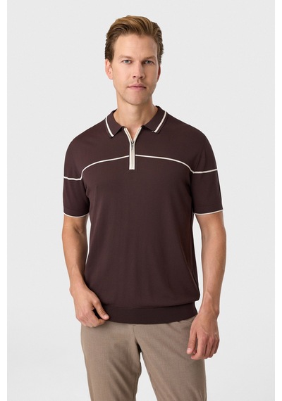 Back And Bond Kahve Regular Fit Fermuarlı Polo Yaka Triko Tişört