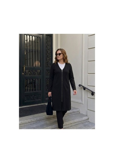 Onno Style Women V Yaka Çelik Örgü Uzun Triko Ceket Siyah