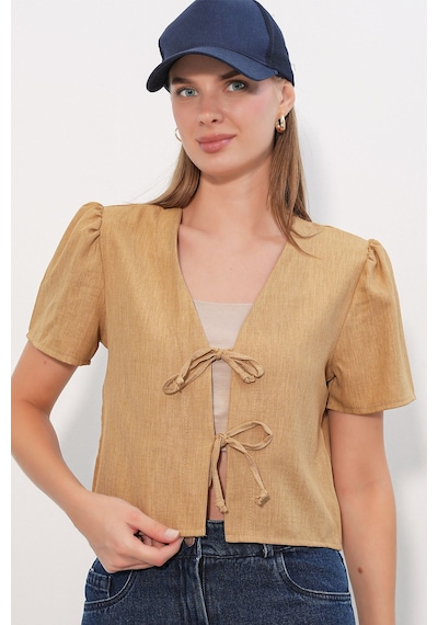 Hiccup Bdart Dokulu V-yaka Keten Karışımlı Crop Top Kahverengi